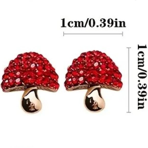 Earrings Mushroom Red Rhinestone 3D Gold Trendy Wonderland Glam Trippy Stylish - Picture 2 of 3